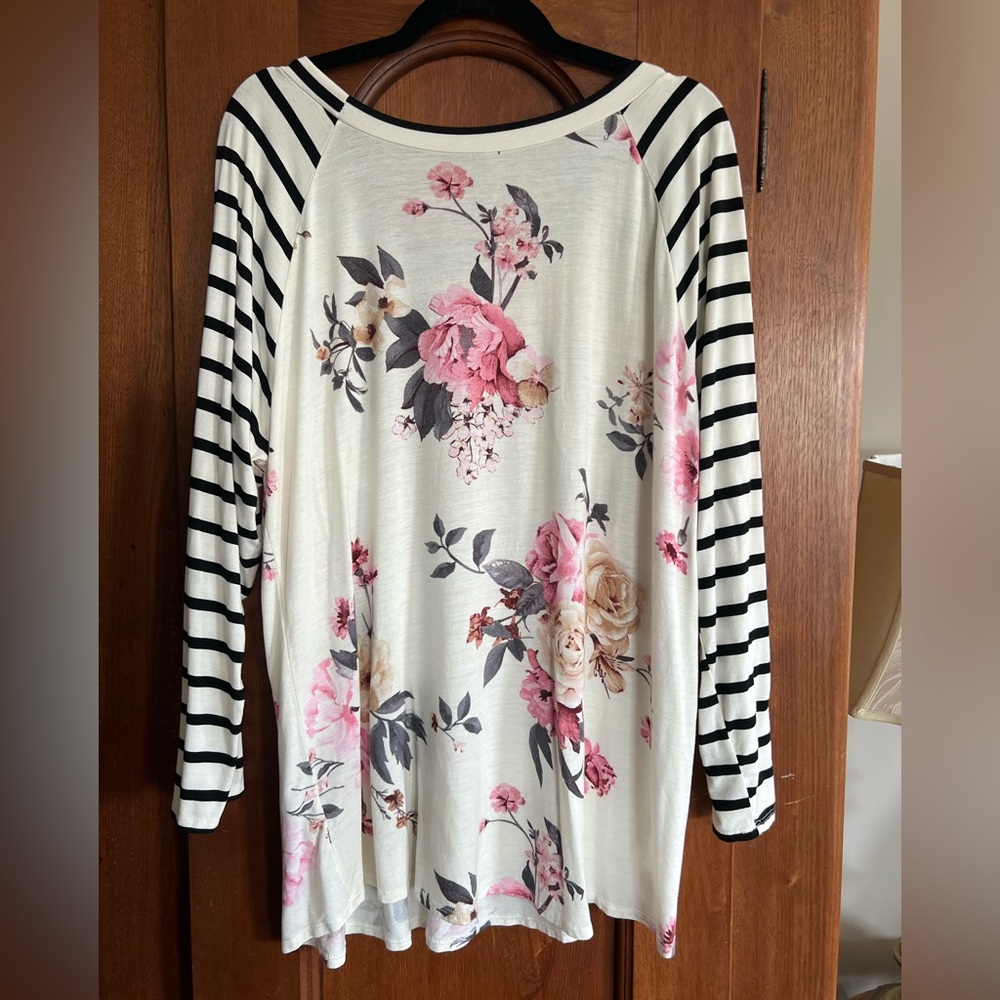 Striped Floral Long Sleeve Women's Top - Picture 2 of 4